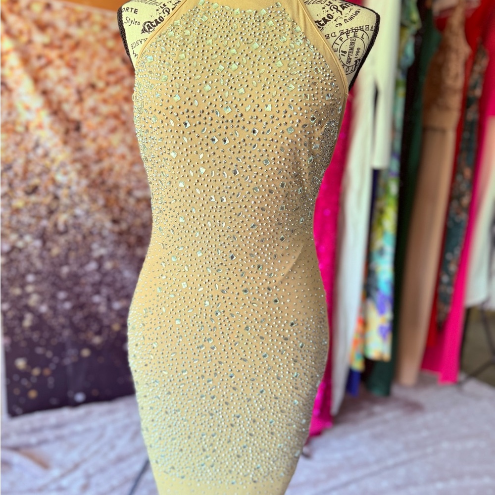 Windsor Tan Gold Sequin Halter Bodycon Dress